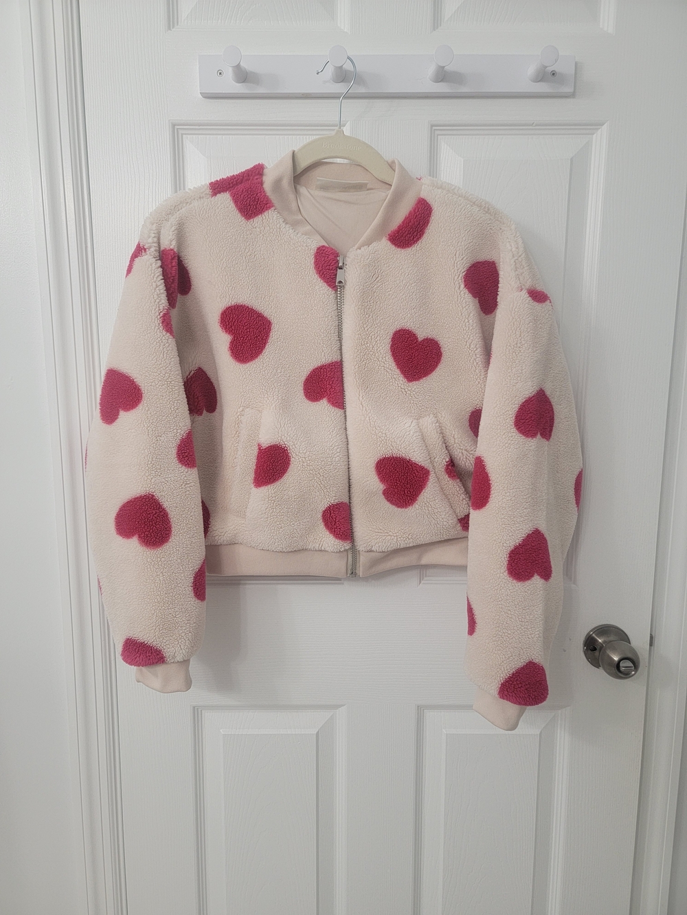 No Boundaries Pink Heart Print Teddy Fleece Full Zip Jacket Medium